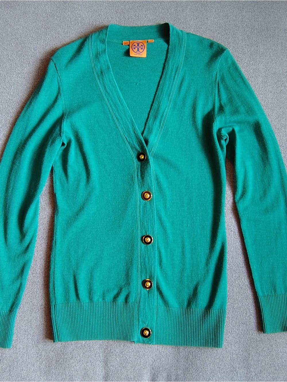 Tory Burch 100% Merino Wool Knit Cardigan Sweater Green V-Neck Long Sleeve M